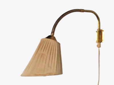 AJH Swedish Modern Adjustable Wall Light Brass Pleated Fabric Sweden 1950s