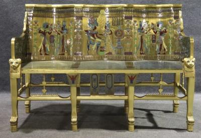 AMAZING EGYPTIAN REVIVAL GOLD ENAMELED BRASS AND GILDED WOOD LION ARM BENCH