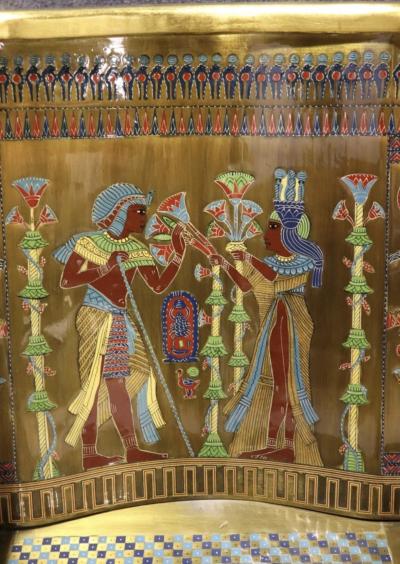 AMAZING EGYPTIAN REVIVAL GOLD ENAMELED BRASS AND GILDED WOOD LION ARM BENCH