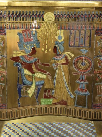 AMAZING EGYPTIAN REVIVAL GOLD ENAMELED BRASS AND GILDED WOOD LION ARM BENCH