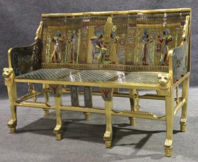 AMAZING EGYPTIAN REVIVAL GOLD ENAMELED BRASS AND GILDED WOOD LION ARM BENCH