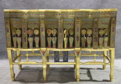 AMAZING EGYPTIAN REVIVAL GOLD ENAMELED BRASS AND GILDED WOOD LION ARM BENCH