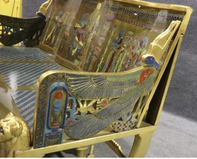 AMAZING EGYPTIAN REVIVAL GOLD ENAMELED BRASS AND GILDED WOOD LION ARM BENCH
