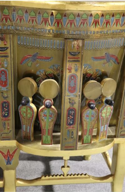 AMAZING EGYPTIAN REVIVAL GOLD ENAMELED BRASS AND GILDED WOOD LION ARM BENCH