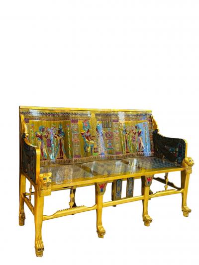 AMAZING EGYPTIAN REVIVAL GOLD ENAMELED BRASS AND GILDED WOOD LION ARM BENCH