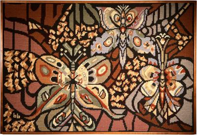 AMAZING MID CENTURY BUTTERFLY NEEDLEPOINT