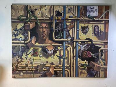 AMAZING SURREALIST MAN BEHIND WALL WITH SNAKES HUMMINGBIRDS PAINTING