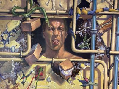 AMAZING SURREALIST MAN BEHIND WALL WITH SNAKES HUMMINGBIRDS PAINTING
