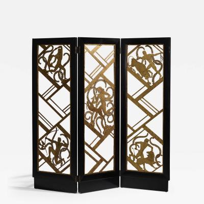 AMERICAN ART DECO BLACK LACQUERED WOOD AND GILT WROUGHT IRON SCREEN