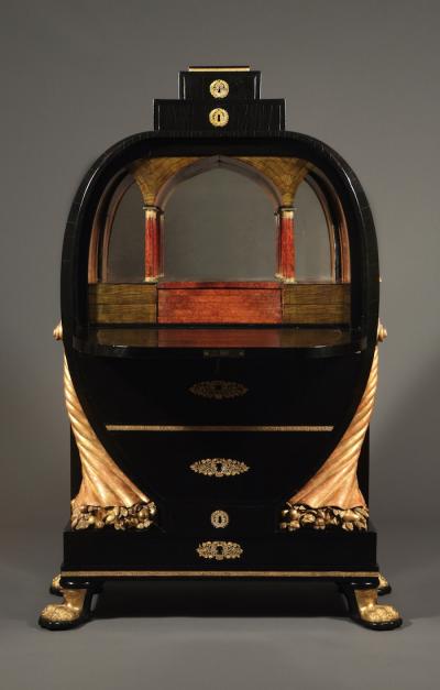 AN EBONIZED GILTWOOD AND GILT BRONZE MOUNTED SECRETAIRE OF RARE OVOID FORM