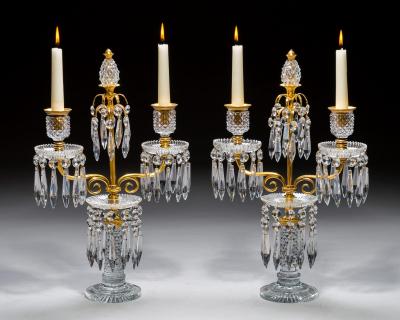 AN ELEGANT PAIR OF ORMOLU GLASS REGENCY CANDELABRA