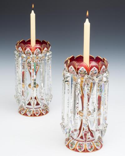 AN EXCEPTIONAL PAIR OF FINELY DECORATED OVERLAY LUSTRES