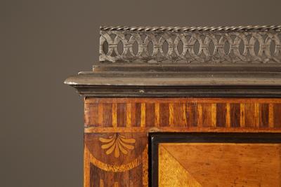 AN EXQUISITE PAIR OF NEOCLASSICAL MARQUETRY AND STEEL MOUNTED PETIT COMMODES