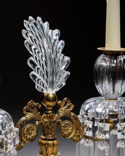 AN EXQUISITE PAIR OF REGENCY CUT GLASS GILT BRONZE CANDELABRA