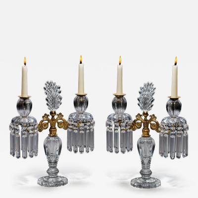 AN EXQUISITE PAIR OF REGENCY CUT GLASS GILT BRONZE CANDELABRA