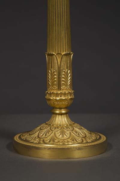 AN UNUSUAL PAIR OF GILT AND PATINATED BRONZE FOUR LIGHT NEOCLASSICAL CANDELABRA