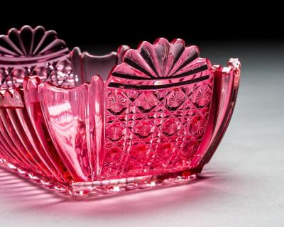 AN UNUSUAL RECTANGULAR RICHLY CUT PINK FRUIT BOWL