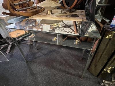 ANDRE MARCHAND ART DECO MIRRORED DESK WITH BRASS AND GLASS ROD HANDLES BY ANDRE MARCHAND