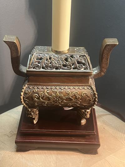 ANTIQUE BRONZE CHINESE INCENSE BURNER LAMP WITH IMPRESSIVE BRONZE FOO DOG FINIAL