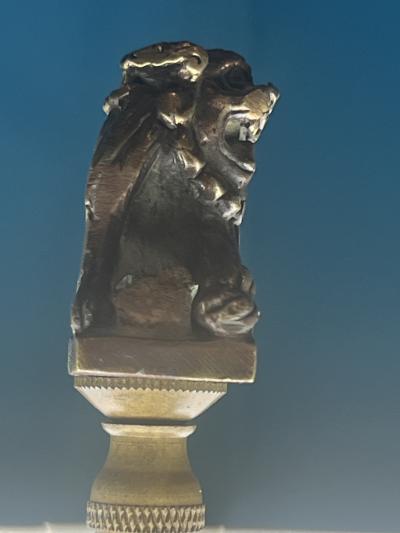ANTIQUE BRONZE CHINESE INCENSE BURNER LAMP WITH IMPRESSIVE BRONZE FOO DOG FINIAL