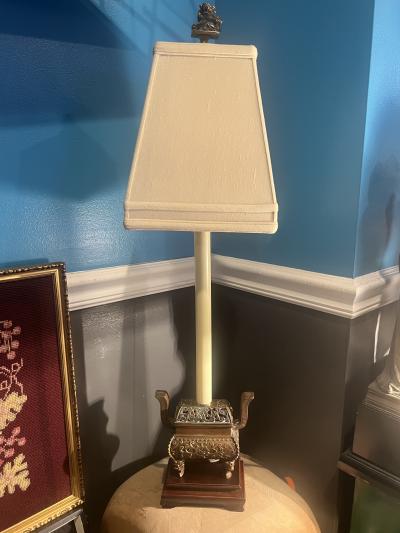 ANTIQUE BRONZE CHINESE INCENSE BURNER LAMP WITH IMPRESSIVE BRONZE FOO DOG FINIAL