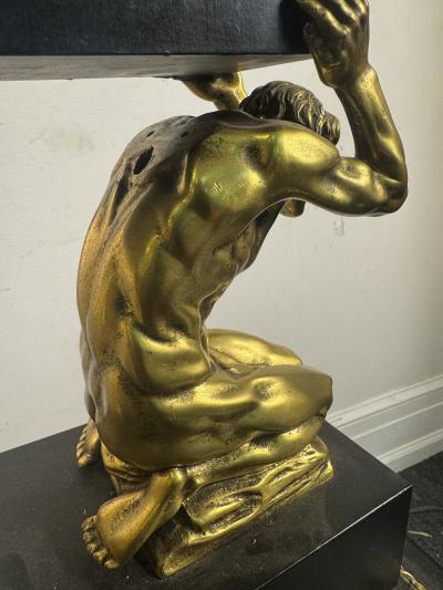 ANTIQUE BRONZE EBONIZED WOOD DRAPED KNEELING NUDE MEN SCULPTURE
