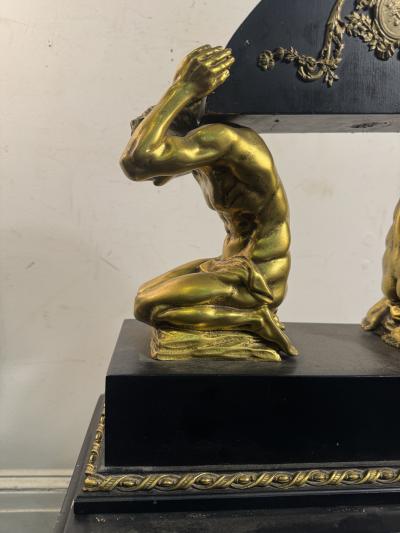 ANTIQUE BRONZE EBONIZED WOOD DRAPED KNEELING NUDE MEN SCULPTURE