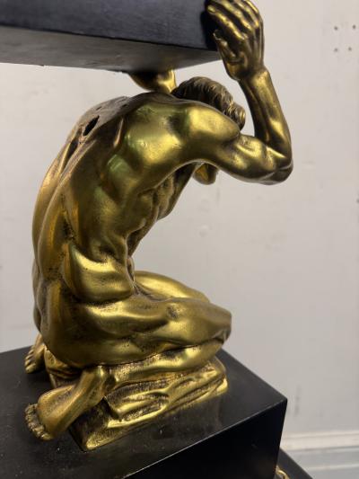 ANTIQUE BRONZE EBONIZED WOOD DRAPED KNEELING NUDE MEN SCULPTURE