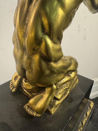 ANTIQUE BRONZE EBONIZED WOOD DRAPED KNEELING NUDE MEN SCULPTURE