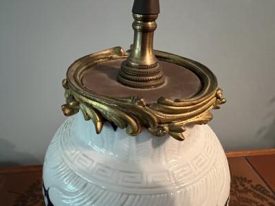 ANTIQUE CHINESE BLACK AND WHITE FLORAL CERAMIC LAMP WITH BRONZE MOUNTS