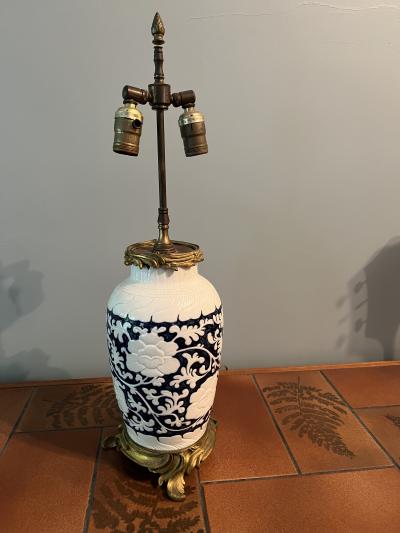 ANTIQUE CHINESE BLACK AND WHITE FLORAL CERAMIC LAMP WITH BRONZE MOUNTS