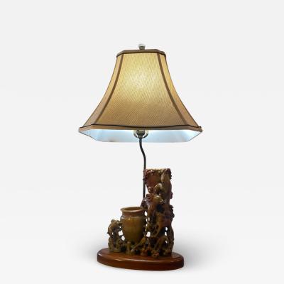 ANTIQUE CHINESE CARVED SOAPSTONE ANIMALS WITH URNS LAMP