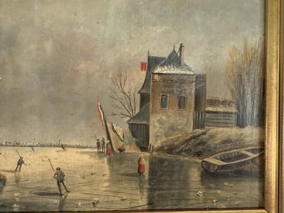 ANTIQUE EUROPEAN ICE SKATERS ON FROZEN LAKE LANDSCAPE PAINTING