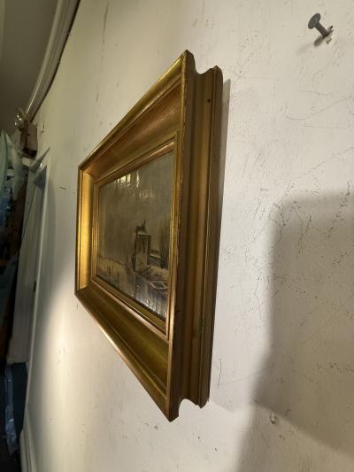 ANTIQUE EUROPEAN ICE SKATERS ON FROZEN LAKE LANDSCAPE PAINTING