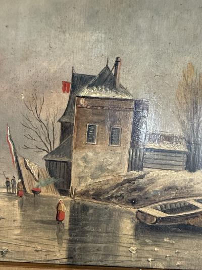 ANTIQUE EUROPEAN ICE SKATERS ON FROZEN LAKE LANDSCAPE PAINTING