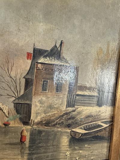 ANTIQUE EUROPEAN ICE SKATERS ON FROZEN LAKE LANDSCAPE PAINTING