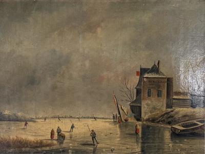 ANTIQUE EUROPEAN ICE SKATERS ON FROZEN LAKE LANDSCAPE PAINTING