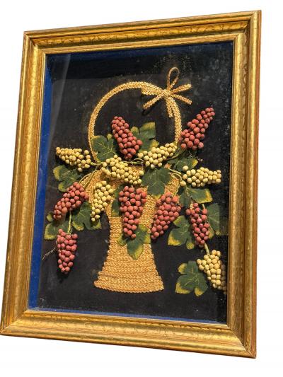 ANTIQUE FELT RAFFIA BASKET OF GRAPES IN BASKET THEOREM IN GOLD FRAME