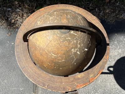 ANTIQUE GLOBE IN DECORATIVE IRON STAND WITH TRIPOD BASE