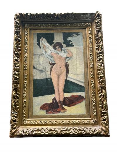 ANTIQUE GRECIAN WOMAN UNDRESSING NEAR POOL FOUNTAIN PAINTING