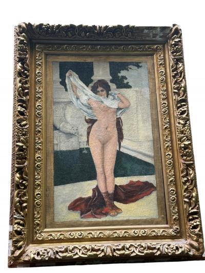 ANTIQUE GRECIAN WOMAN UNDRESSING NEAR POOL FOUNTAIN PAINTING