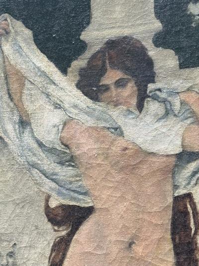 ANTIQUE GRECIAN WOMAN UNDRESSING NEAR POOL FOUNTAIN PAINTING