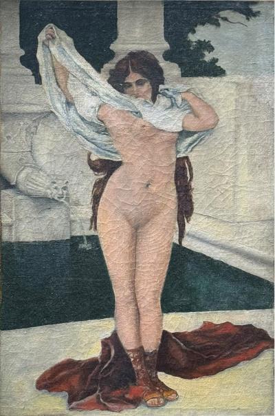 ANTIQUE GRECIAN WOMAN UNDRESSING NEAR POOL FOUNTAIN PAINTING