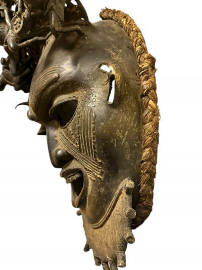 ANTIQUE HIGHLY DECORATED BRONZE AFRICAN CEREMONIAL MASK