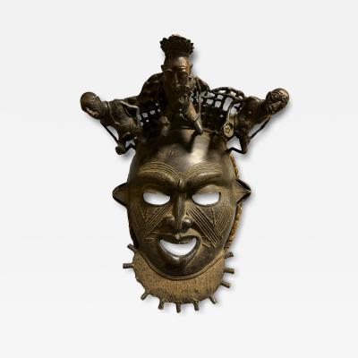 ANTIQUE HIGHLY DECORATED BRONZE AFRICAN CEREMONIAL MASK