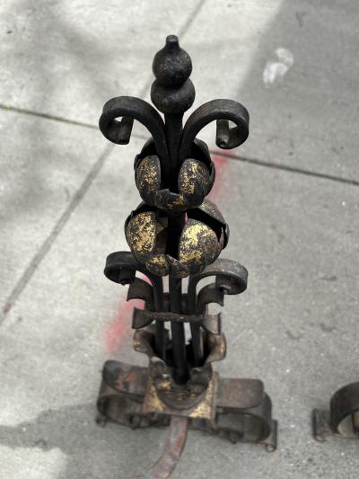 ANTIQUE ITALIAN HERALDIC GILT IRON ANDIRONS