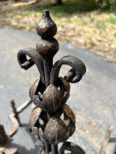 ANTIQUE ITALIAN HERALDIC GILT IRON ANDIRONS