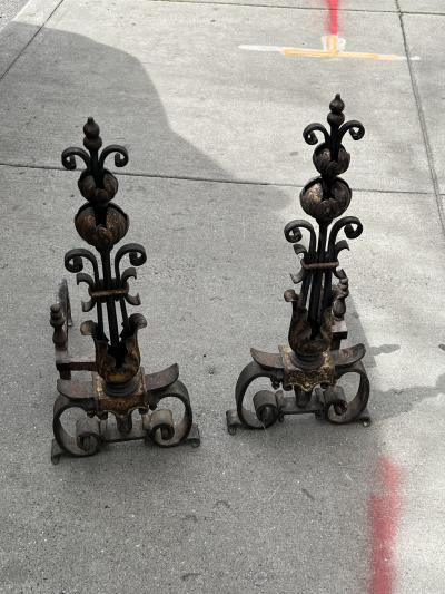 ANTIQUE ITALIAN HERALDIC GILT IRON ANDIRONS