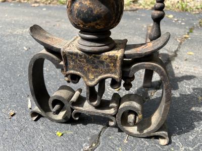 ANTIQUE ITALIAN HERALDIC GILT IRON ANDIRONS