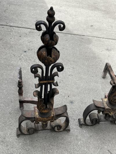 ANTIQUE ITALIAN HERALDIC GILT IRON ANDIRONS